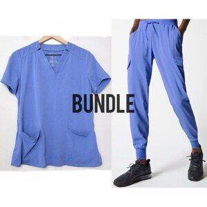 BUNDLE Jaanuu Vneck Pocket Notch Top S Ceil Blue Cargo Jogger Scrub Set Stretch